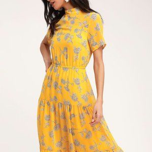 Lulus Floral Dressed Up Mustard Yellow Midi Dress XL